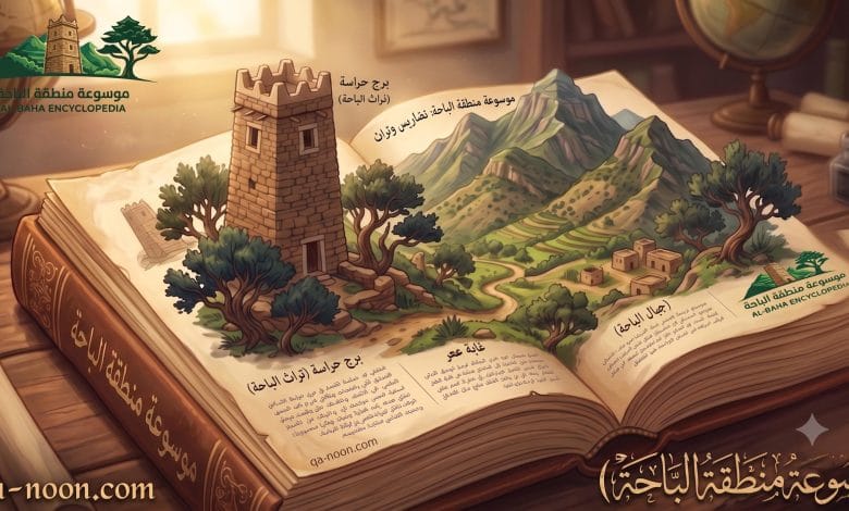 شعار موسوعة منطقة الباحة مجسم على كتاب قديم على المكتب
